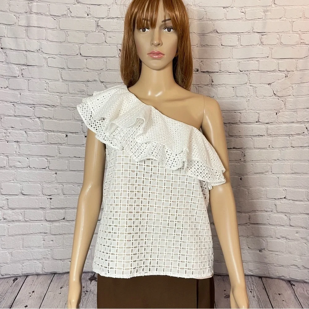 J. Crew White One-Shoulder Ruffle Eyelet Cotton Top Size 2